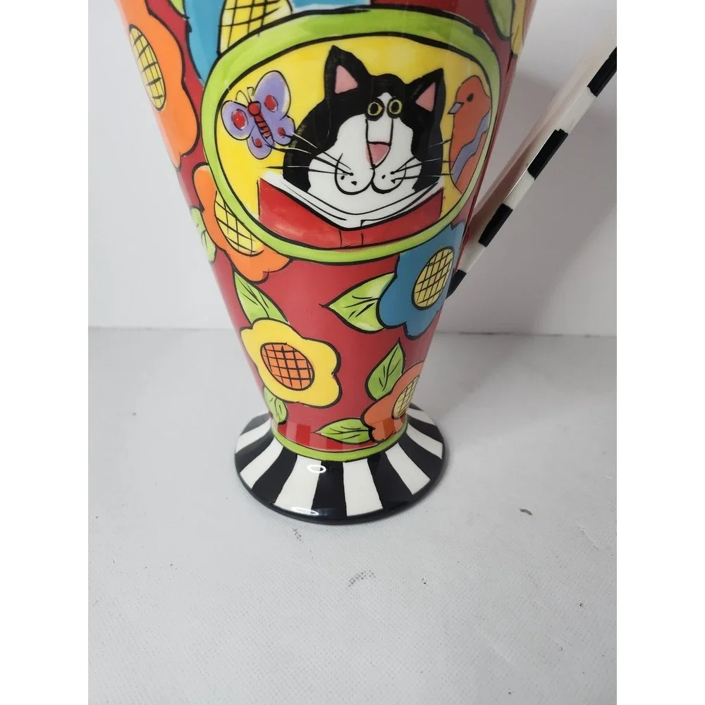 Catzilla Candace Reiter Floral Cat Pedestal Pitcher Whimsical Ceramic Colorful